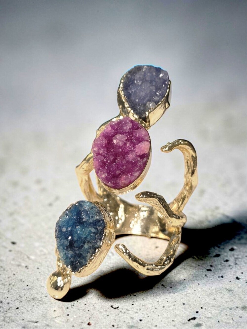 The Best 18k Gold Plated Artisan Sugar Druzy Branch Oversized Statement Ring